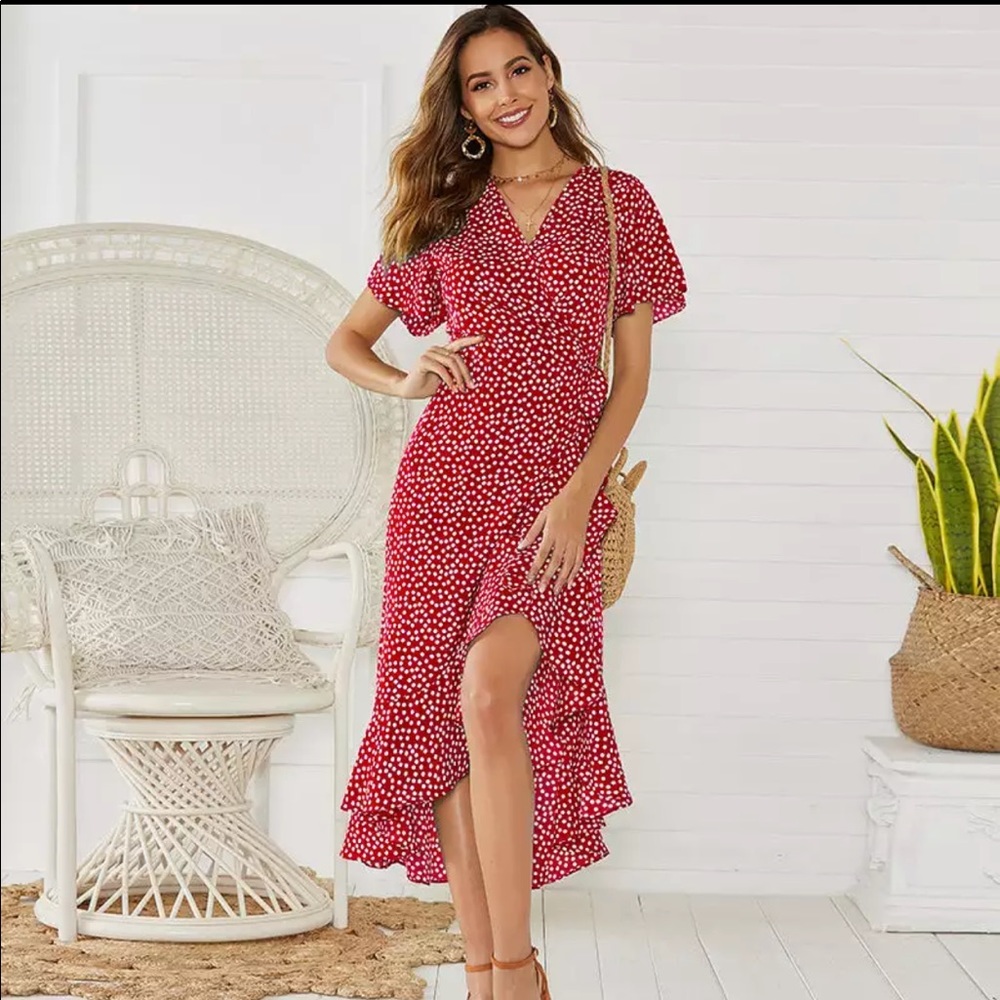 2 Left! Green Floral Wrap Maxi Boho Chiffon Dress - Picture 11 of 14